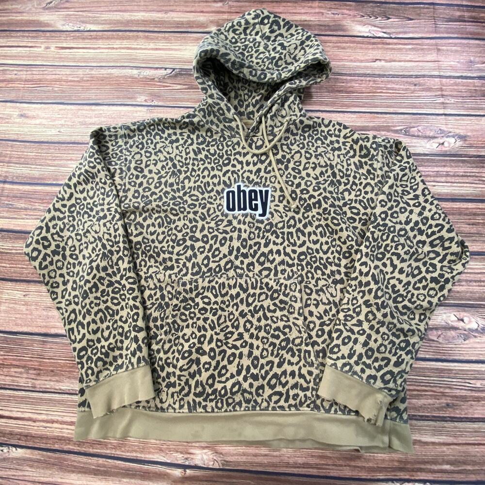 Y2k Obey Womens Hoodie Sz Large Pullover Brown Leopard Print